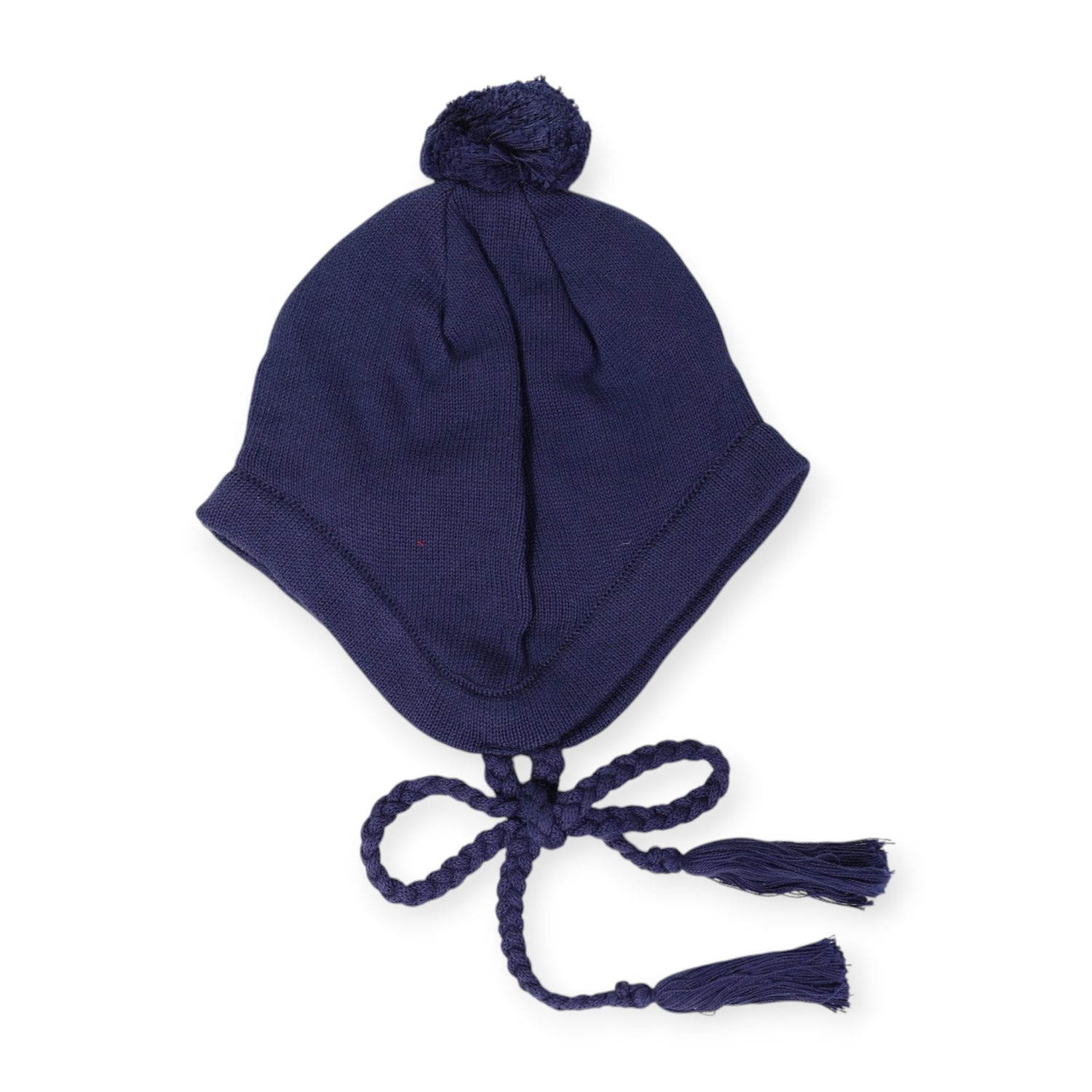 Knit Beanie with Tassels and Pom Pom Navy