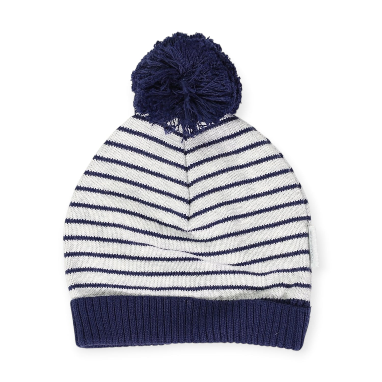 Striped Knit Beanie with Pom Pom Navy