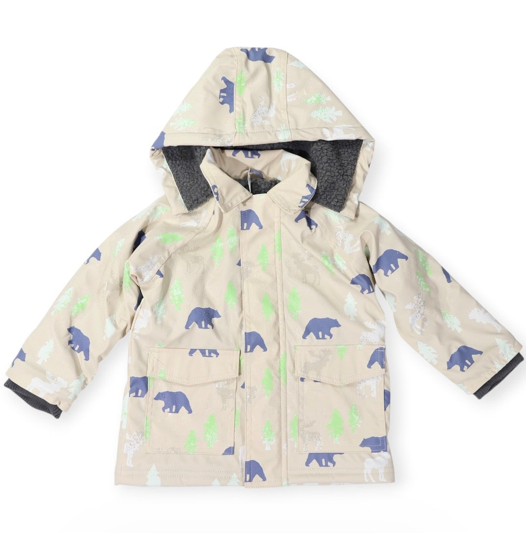 Bear Print Colour Change Sherpa Lined Raincoat Tapioca