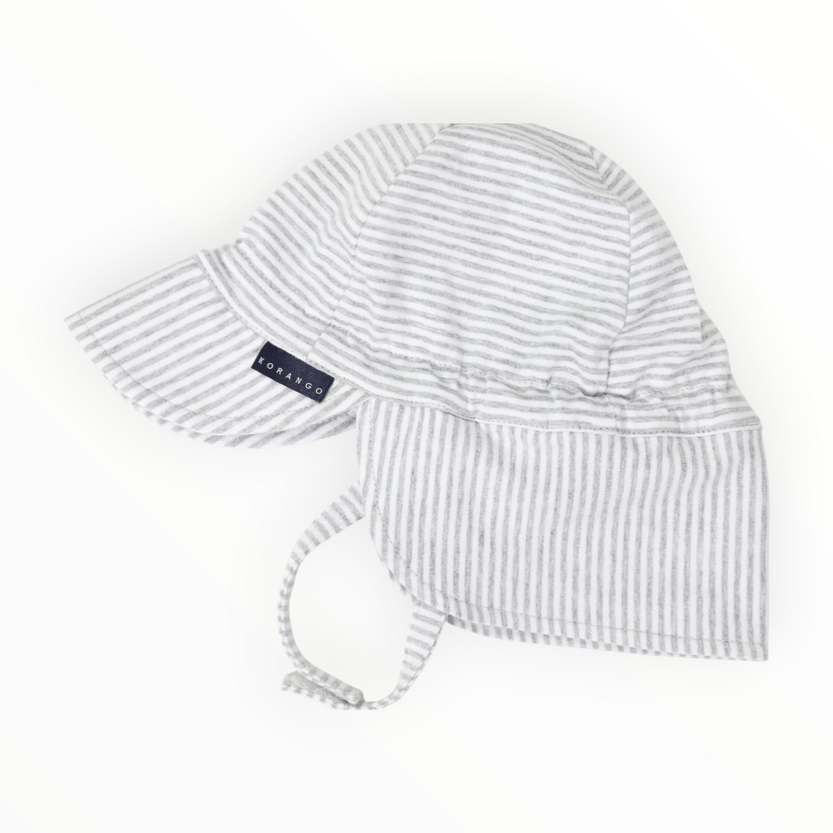 A light grey and white striped sun hat with a back flap and chin ties, featuring a small navy brand label that reads Korango