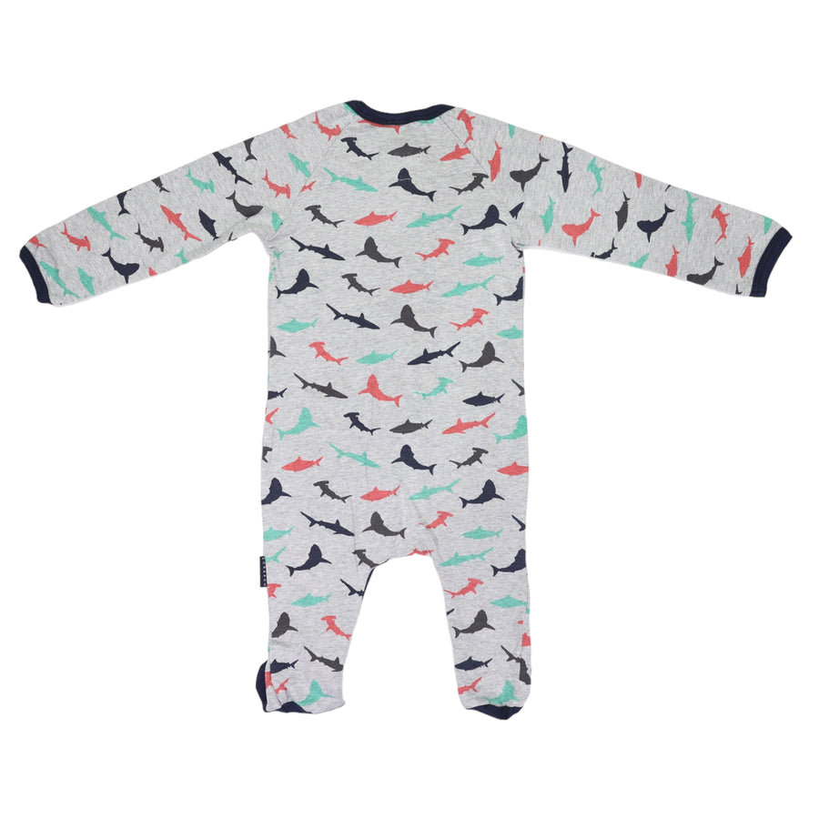 Shark Print Long Sleeve Romper Grey Marle