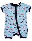 Shark Print Short Sleeve Romper Blue