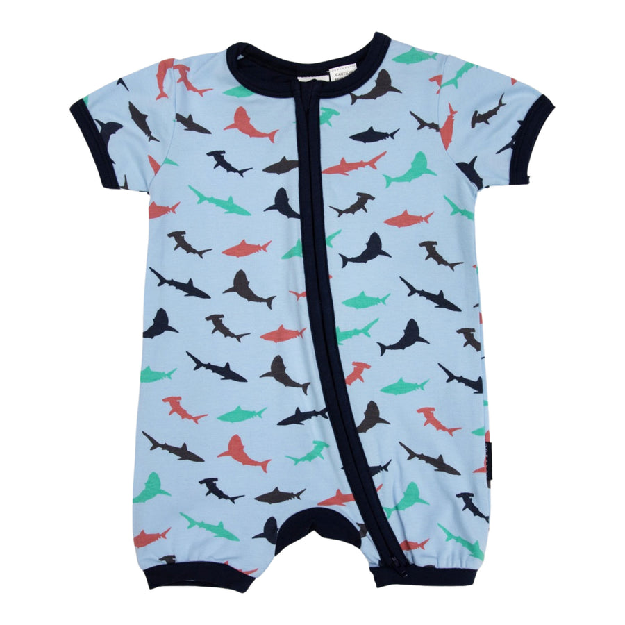 Shark Print Short Sleeve Romper Blue