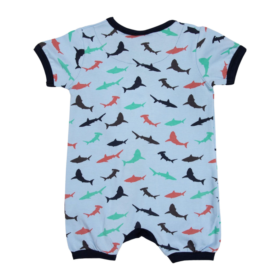 Shark Print Short Sleeve Romper Blue