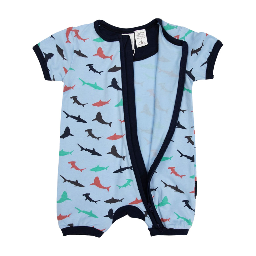 Shark Print Short Sleeve Romper Blue