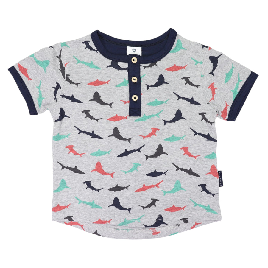 Shark Print Henley Tee Grey Marle