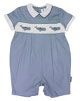 Whale Hand Embroidered & Smocked Romper Dusty Blue