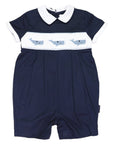 Whale Hand Embroidered & Smocked Romper Navy