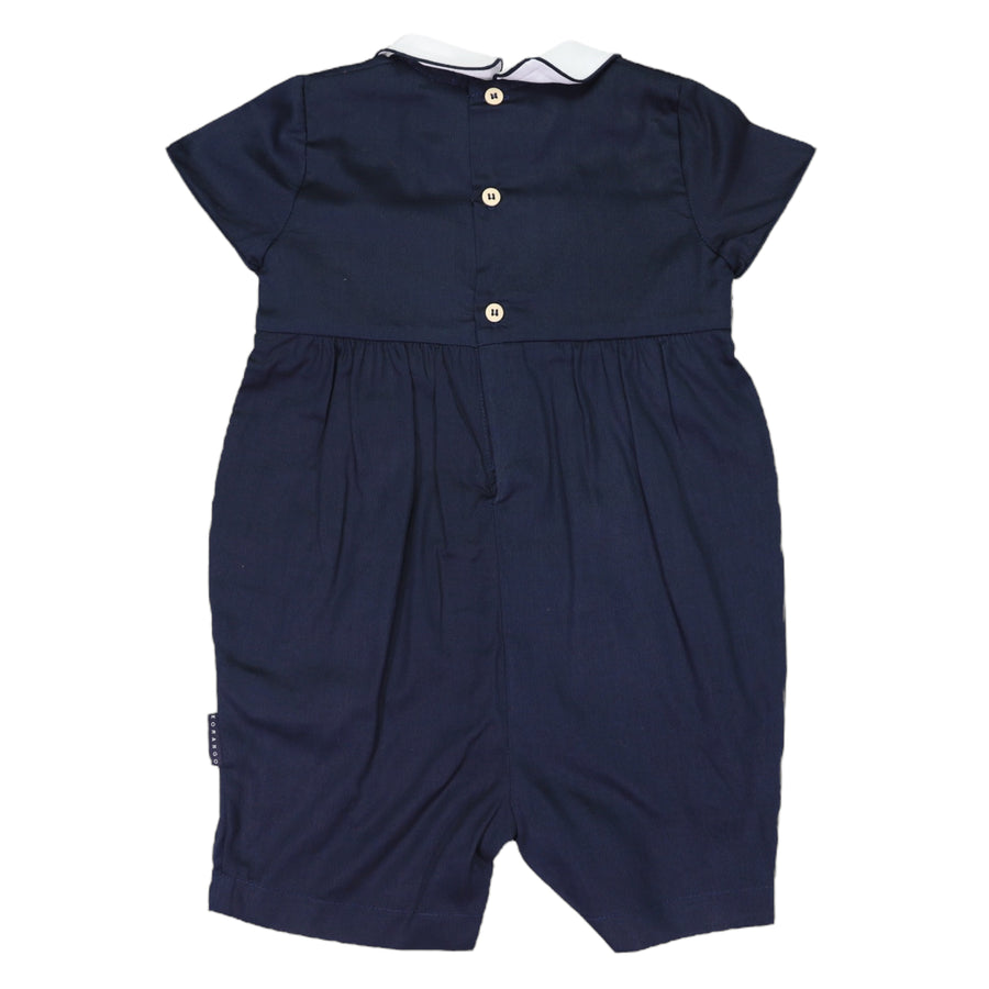 Whale Hand Embroidered & Smocked Romper Navy