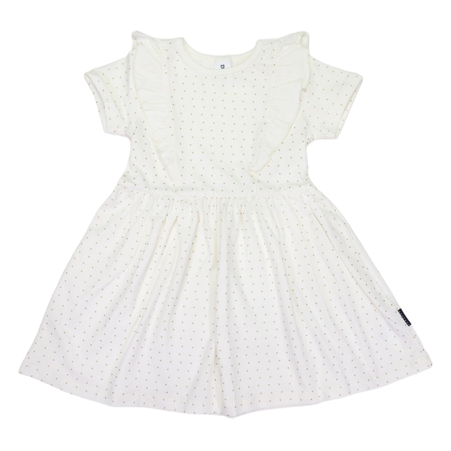 Gold Spot Sleeved Cotton Frill Dress White