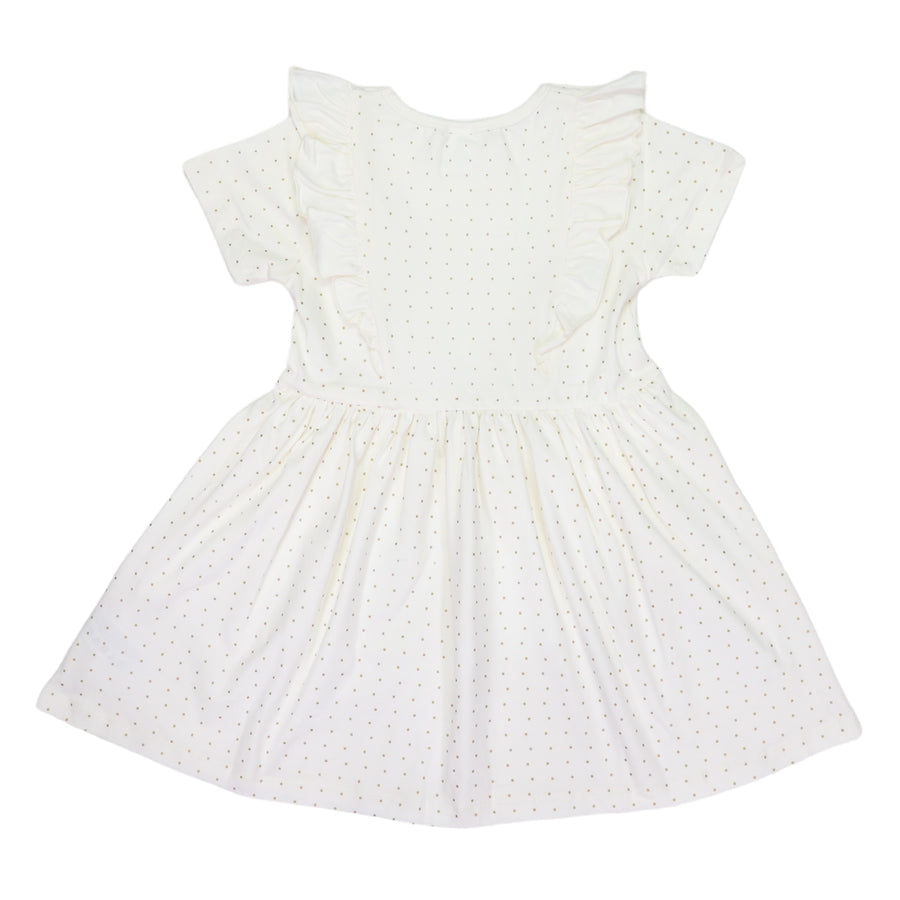 Gold Spot Sleeved Cotton Frill Dress White