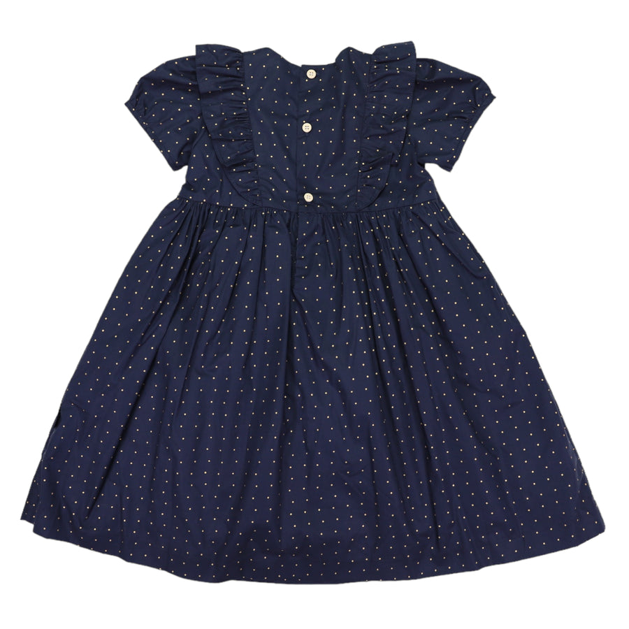 Cotton Poplin Gold Spot Frill Dress Navy