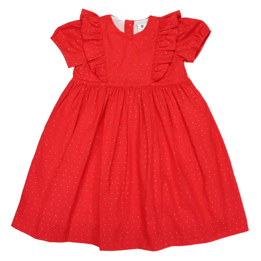 Cotton Poplin Gold Spot Frill Dress Red