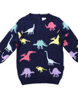 Oversized Knit Sweater with Dinosaur Design Navy