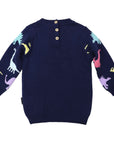 Oversized Knit Sweater with Dinosaur Design Navy