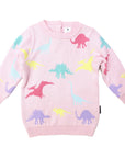 Oversized Knit Sweater with Dinosaur Design Pink