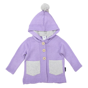 Knit Jacket with Contrast Pockets and Pom Pom Lavender