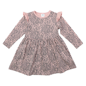 Tiger Stripe Cotton Frill Dress Dusty Pink