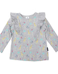 Safari Print Frill Cotton Top Grey Marle