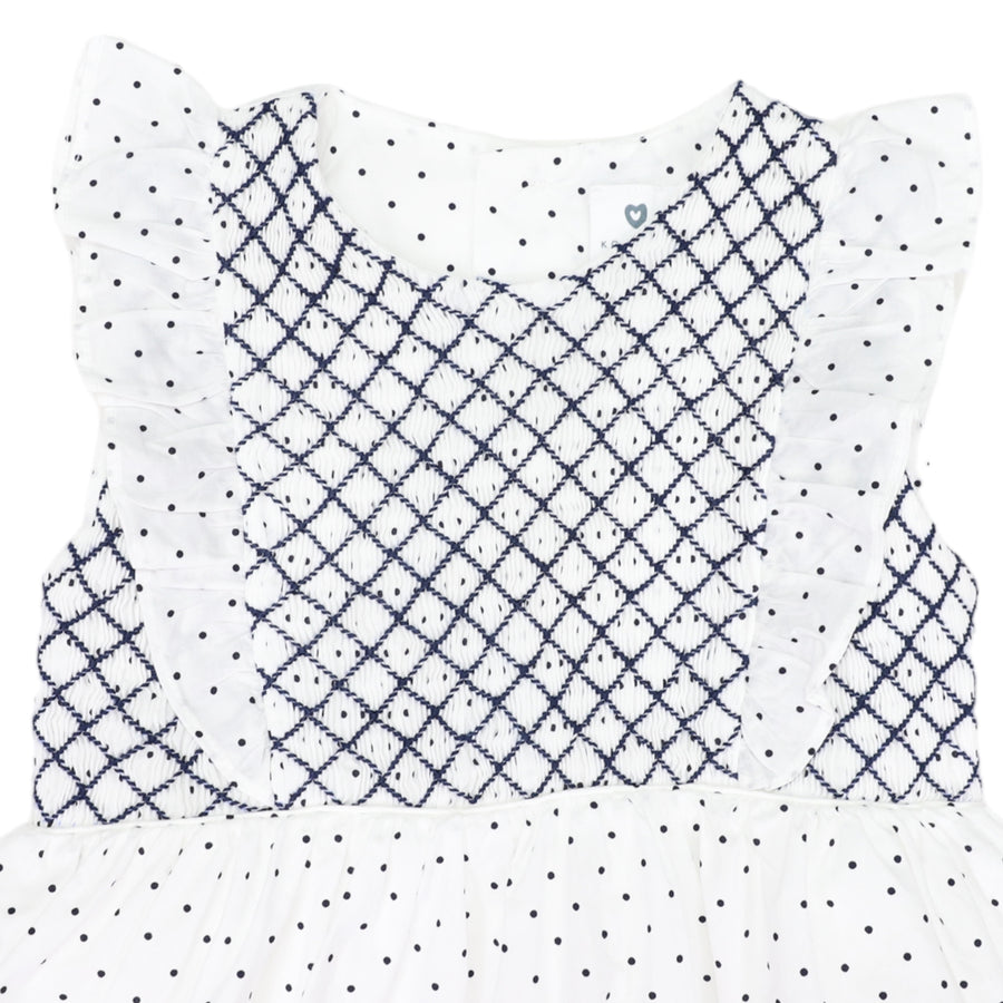 Smocked  Poplin  Spot Dress White