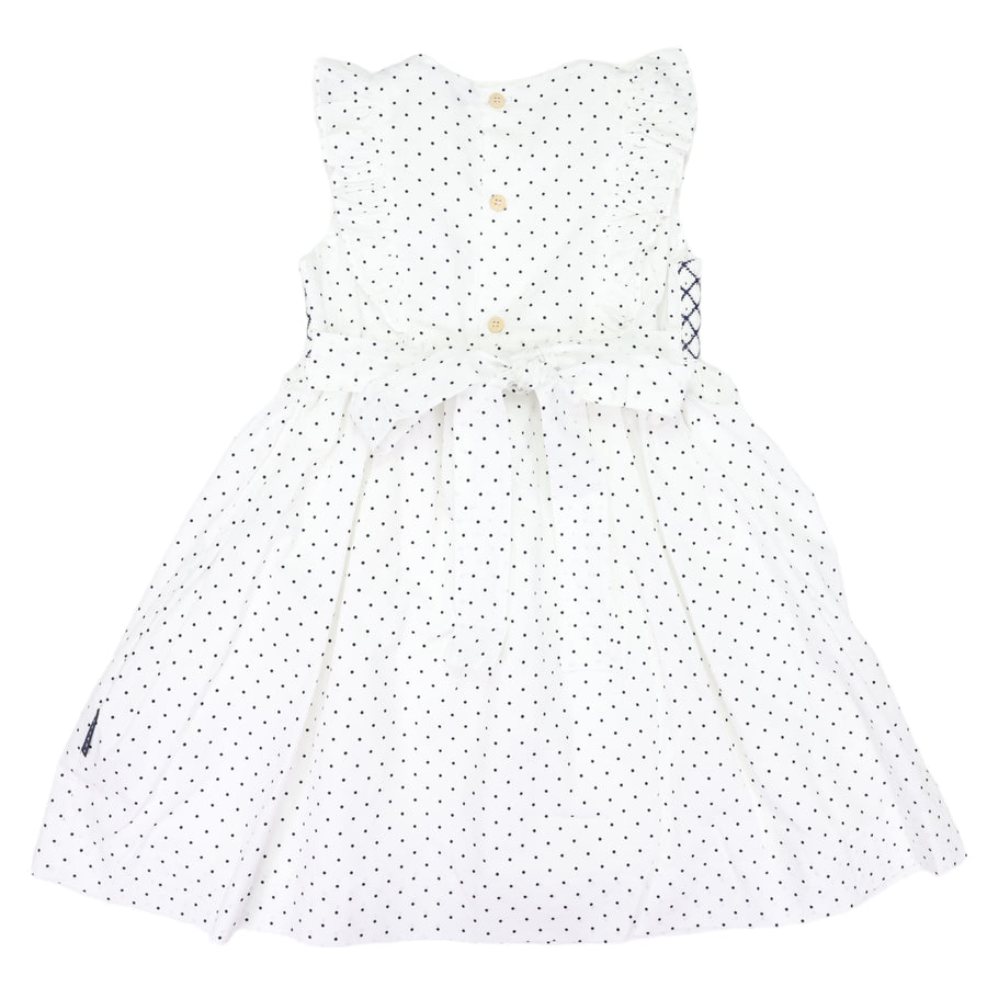 Smocked  Poplin  Spot Dress White