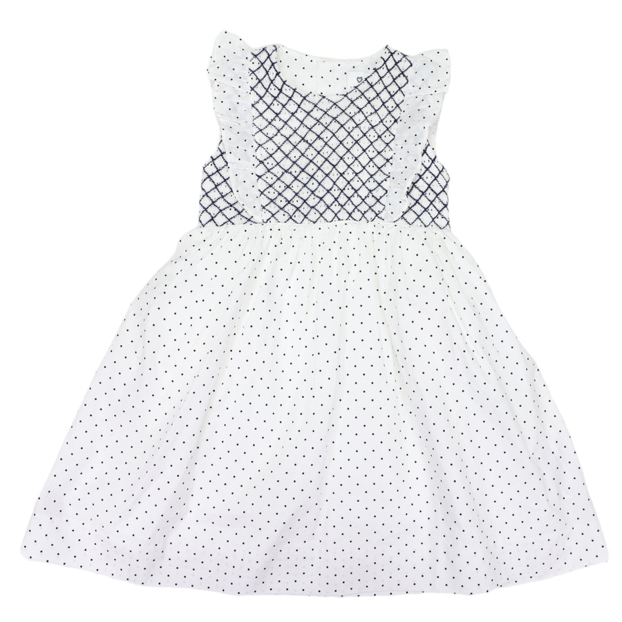 Smocked  Poplin  Spot Dress White