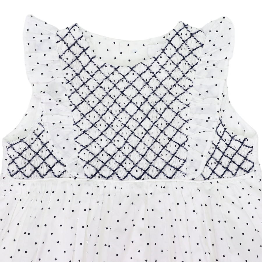 Smocked Poplin  Spot Sunsuit White