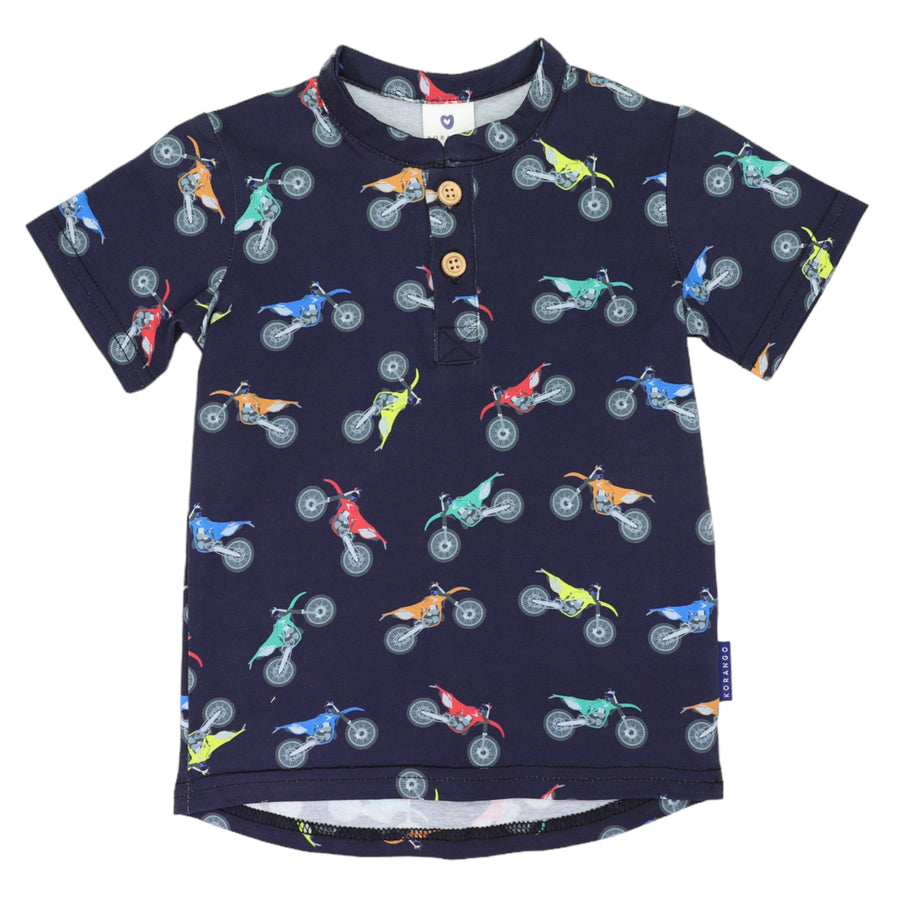 Motor Bike Print Henley Tee Navy