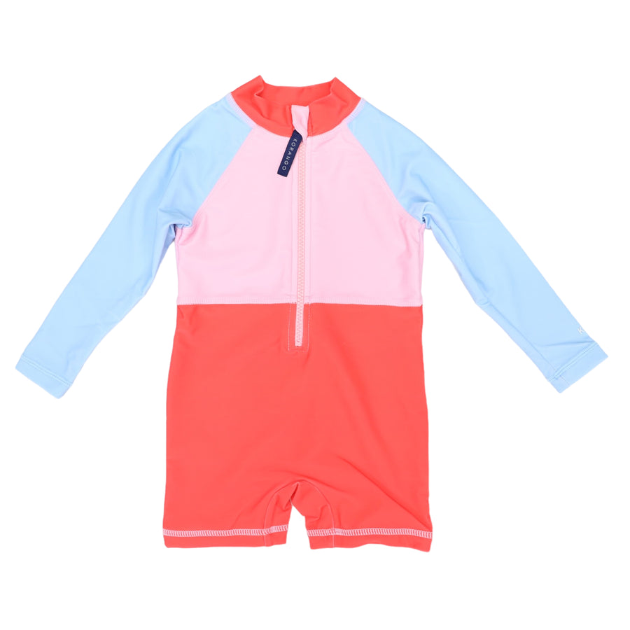 Contrast Long Sleeve Zip Swim Sunsuit Pink