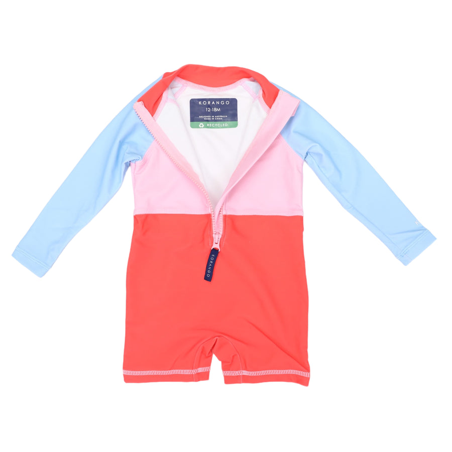 Contrast Long Sleeve Zip Swim Sunsuit Pink