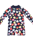 Flower Long Sleeve Zip Swim Sunsuit Navy