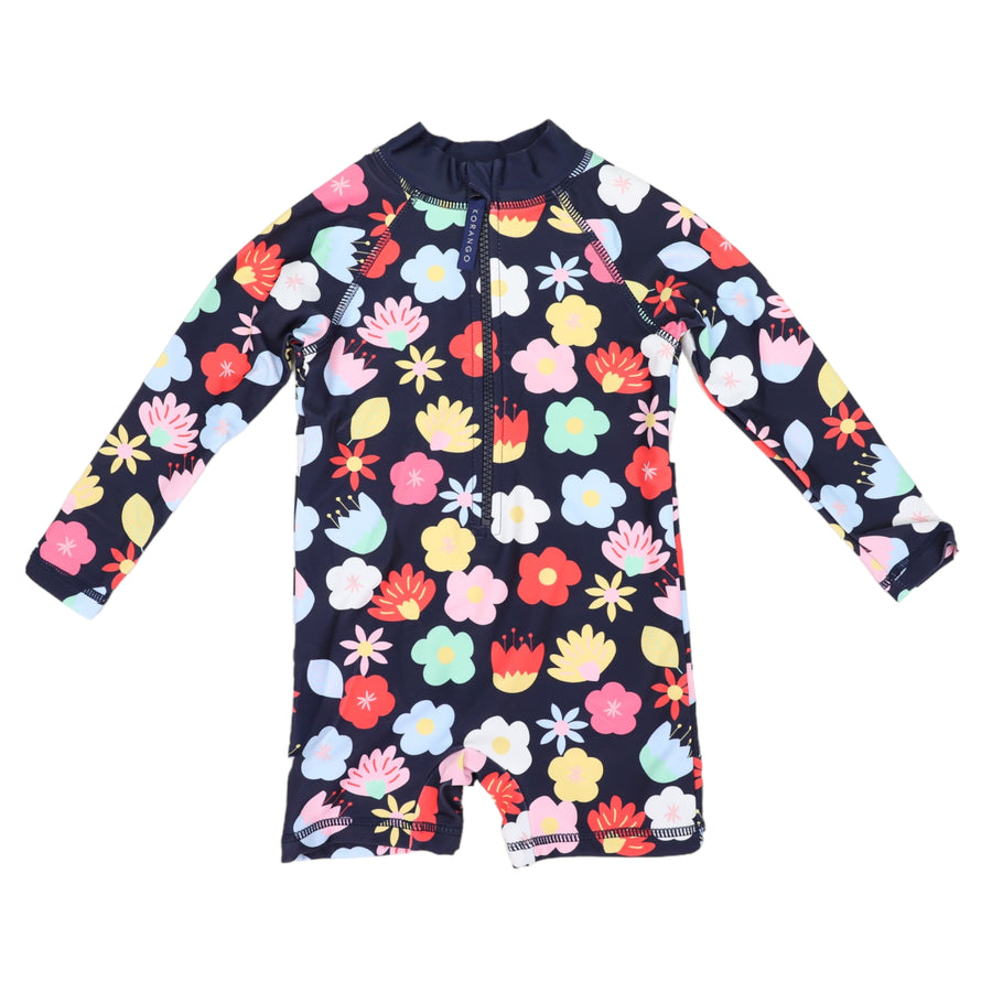 Flower Long Sleeve Zip Swim Sunsuit Navy