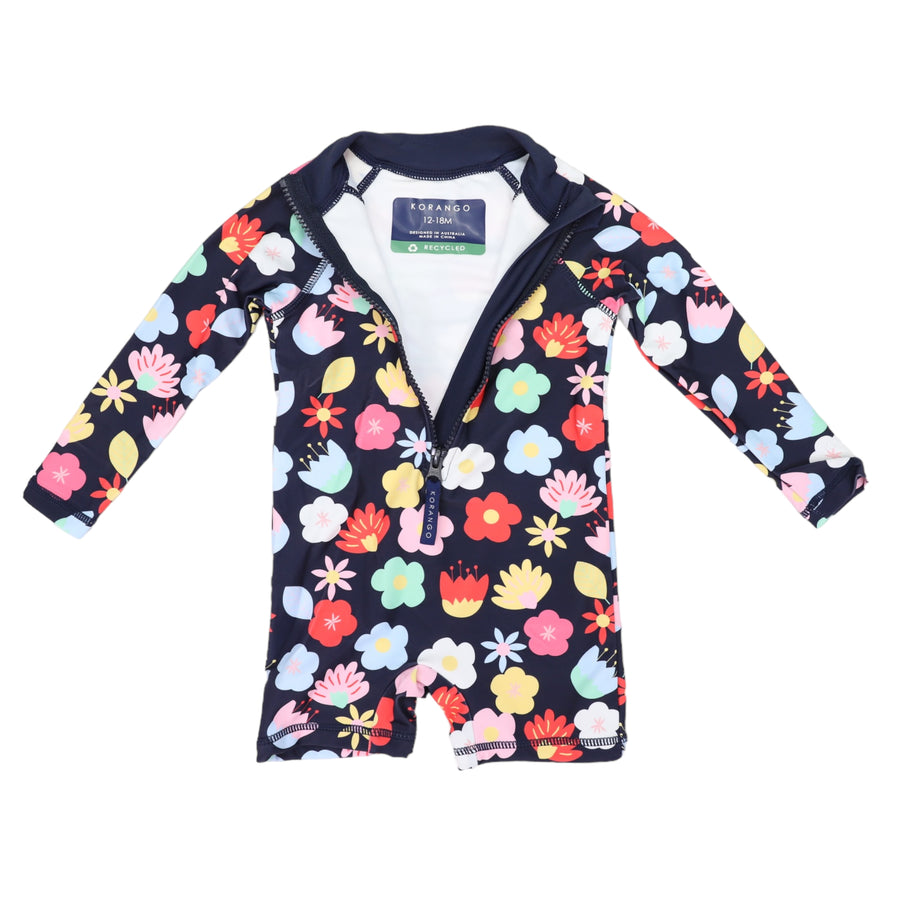 Flower Long Sleeve Zip Swim Sunsuit Navy