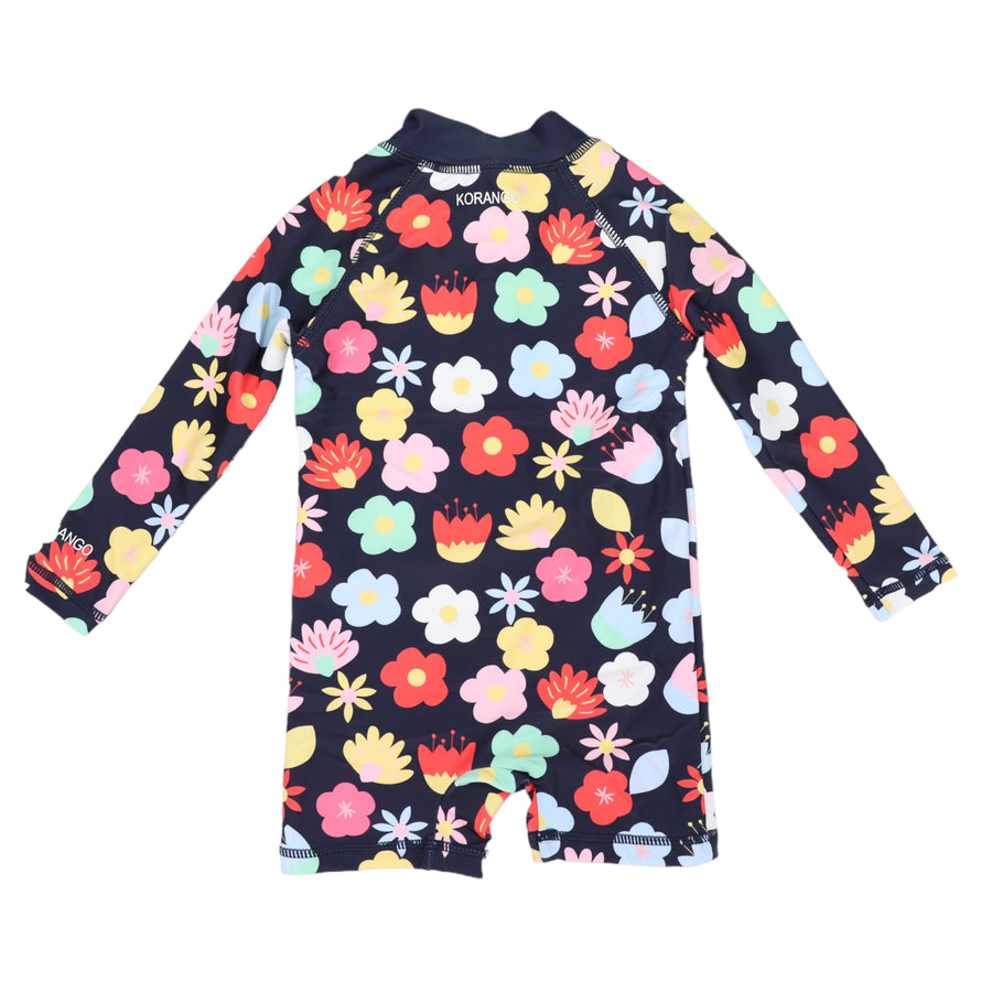 Flower Long Sleeve Zip Swim Sunsuit Navy