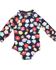 Flower Long Sleeve Zip Swim One Piece Navy