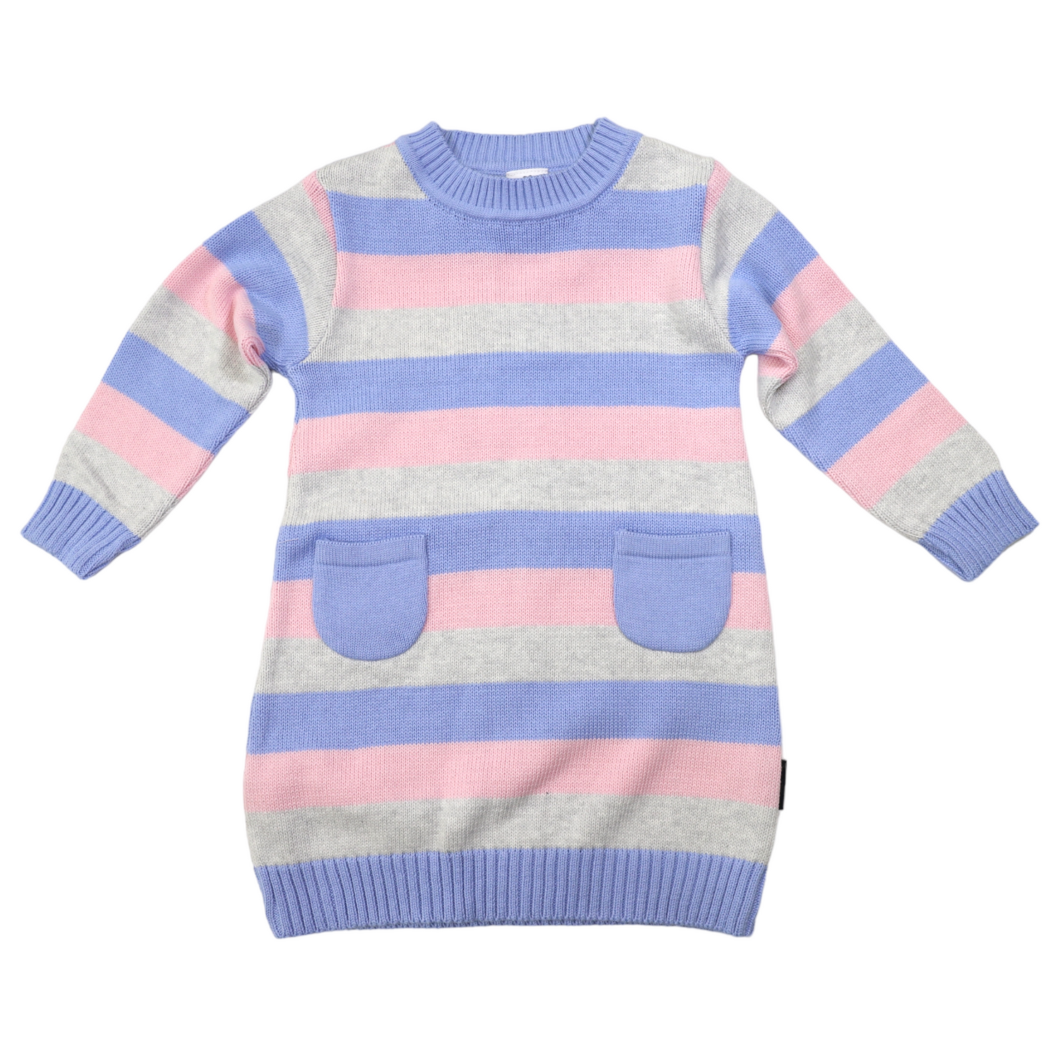 Striped Cotton Knit A-line Dress Blue/Pink/Grey