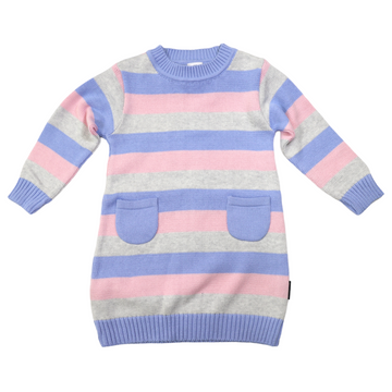 Striped Cotton Knit A-line Dress Blue/Pink/Grey