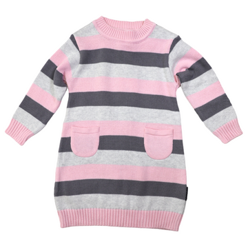 Striped Cotton Knit A-line Dress Pink/Charcoal/Grey