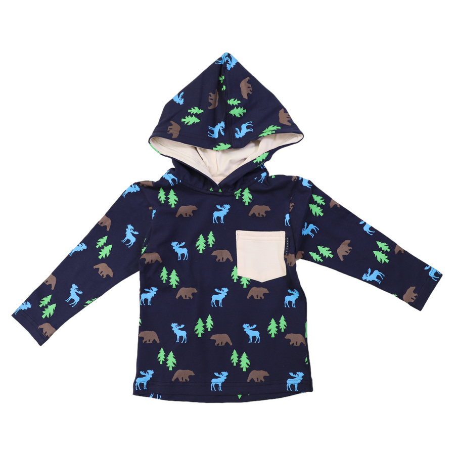 Bear Print Long Sleeve Hooded Tee Peacoat