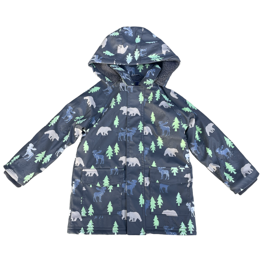 Bear Print Colour Change Sherpa Lined Raincoat Charcoal