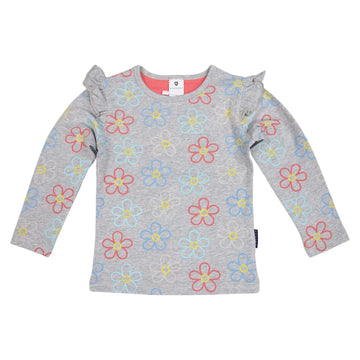 All Over Flower Print Frill Top Grey Marle