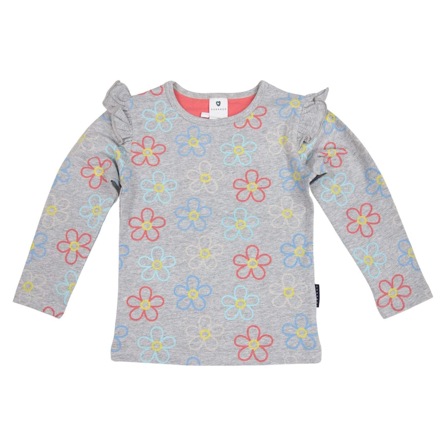 Frill Top with Flower Print Grey Marle