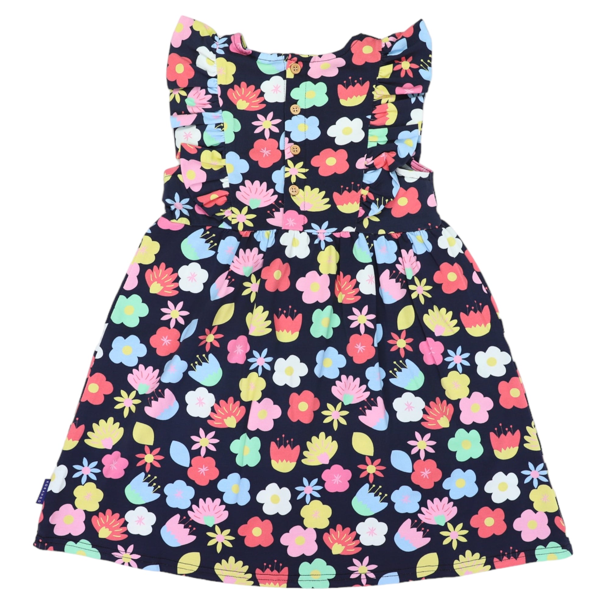 Flower Print Cotton Stretch Frill Dress Navy