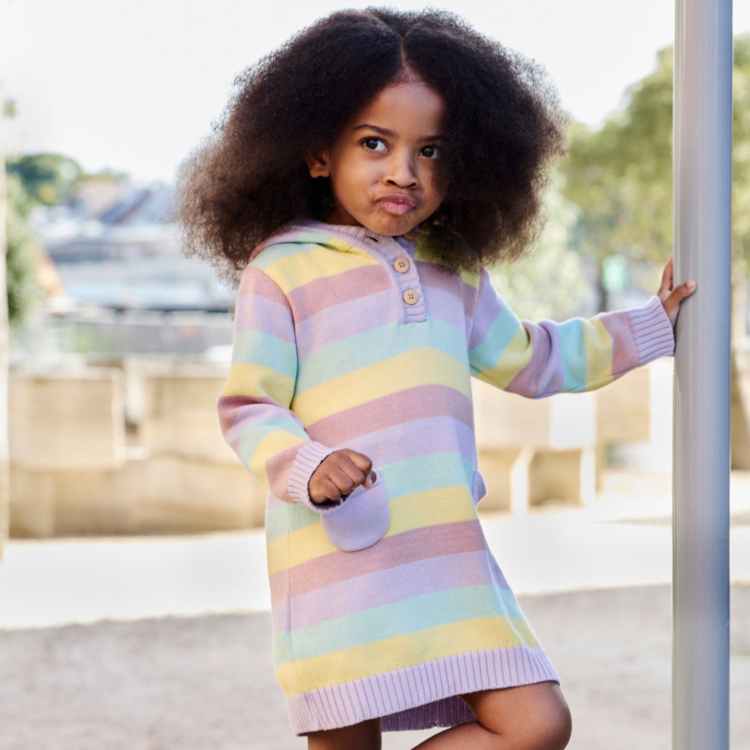 Stripe Hooded Knit Dress Blue