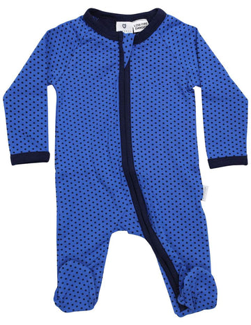Cotton Stretch Long Sleeve Romper with Zip - Blue with Spots