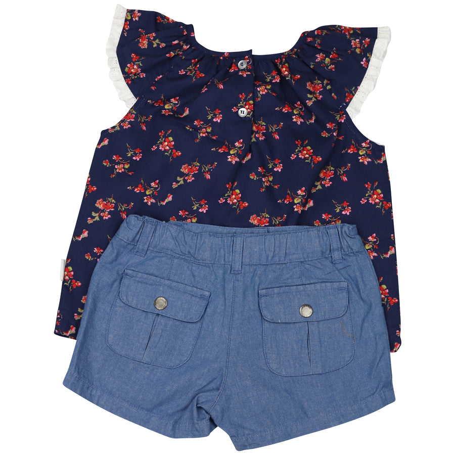 Navy Floral Blouse and Dark Short Set