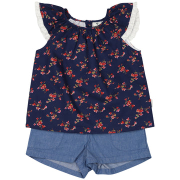 Navy Floral Blouse and Dark Short Set