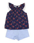 Navy Floral Blouse and Light Short Set