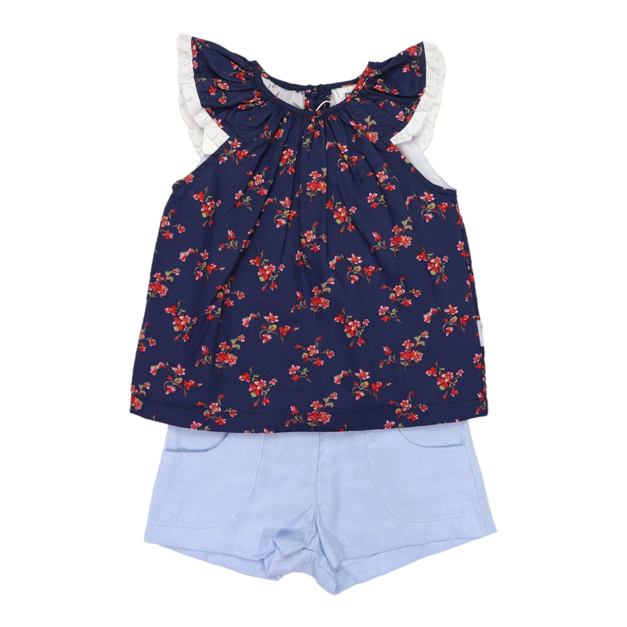 Navy Floral Blouse and Light Short Set