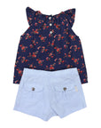 Navy Floral Blouse and Light Short Set